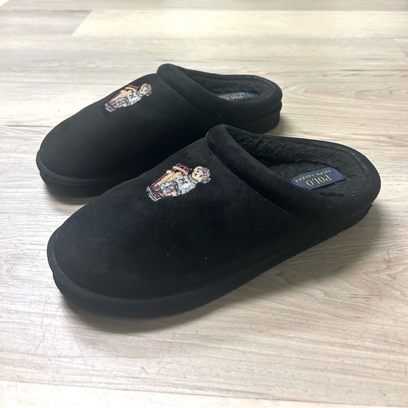 Polo Ralph Lauren Slippers Sledding Bear Black Slip On Men Sz 9 Comfort Classic - Picture 3 of 10